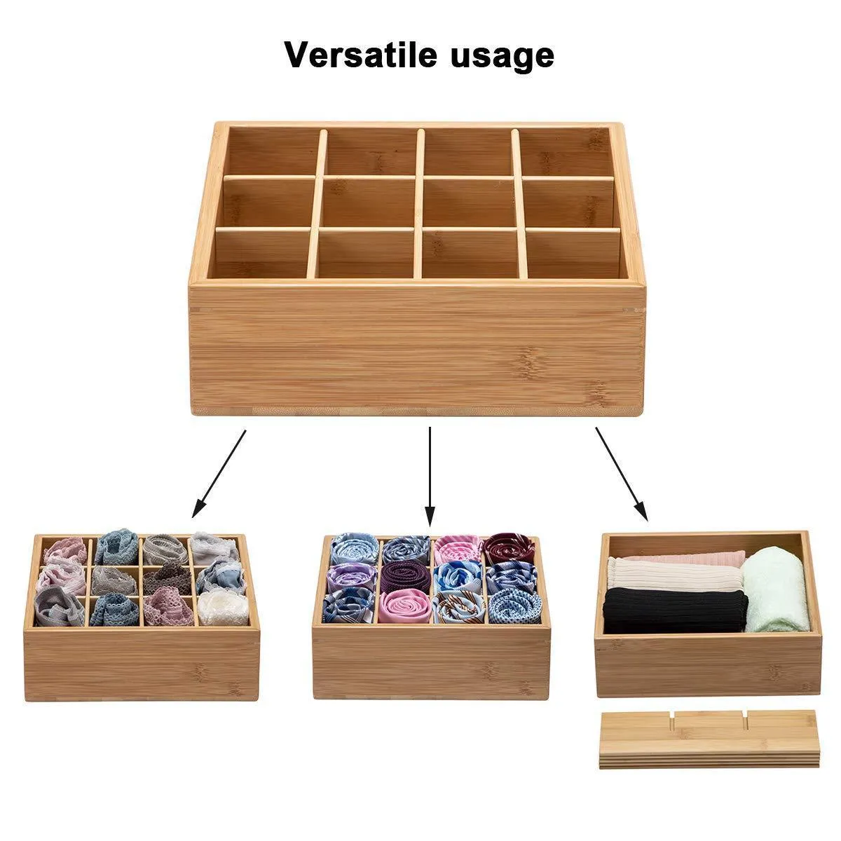 GOBAM Tie and Belt Organizer Box Closet Underwear Storage Box Drawer Divider for Bras,Briefs,Socks and Men's Accessories, Compartments of 12,Natural Bamboo