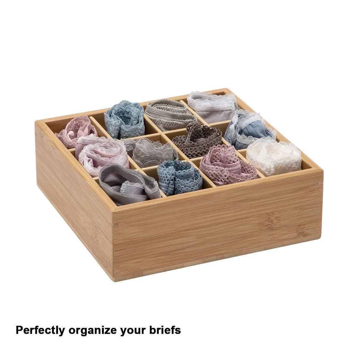 GOBAM Tie and Belt Organizer Box Closet Underwear Storage Box Drawer Divider for Bras,Briefs,Socks and Men's Accessories, Compartments of 12,Natural Bamboo