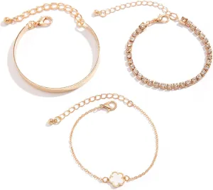 Gold Five Leaf Flower Bangle Bracelet Set,Adjustable Designer Bracelets for Women,Stack Cubic Bracelet Jewelry Gifts