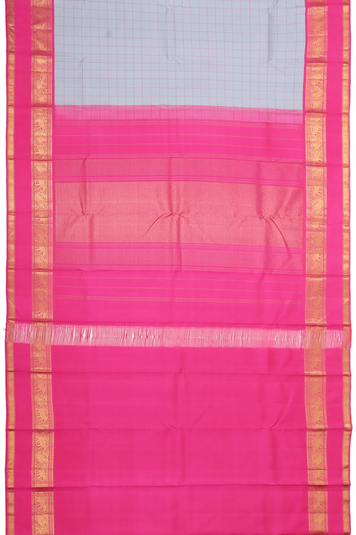 Grey Kanchipuram Silk Saree with Pink Zari Gap Border