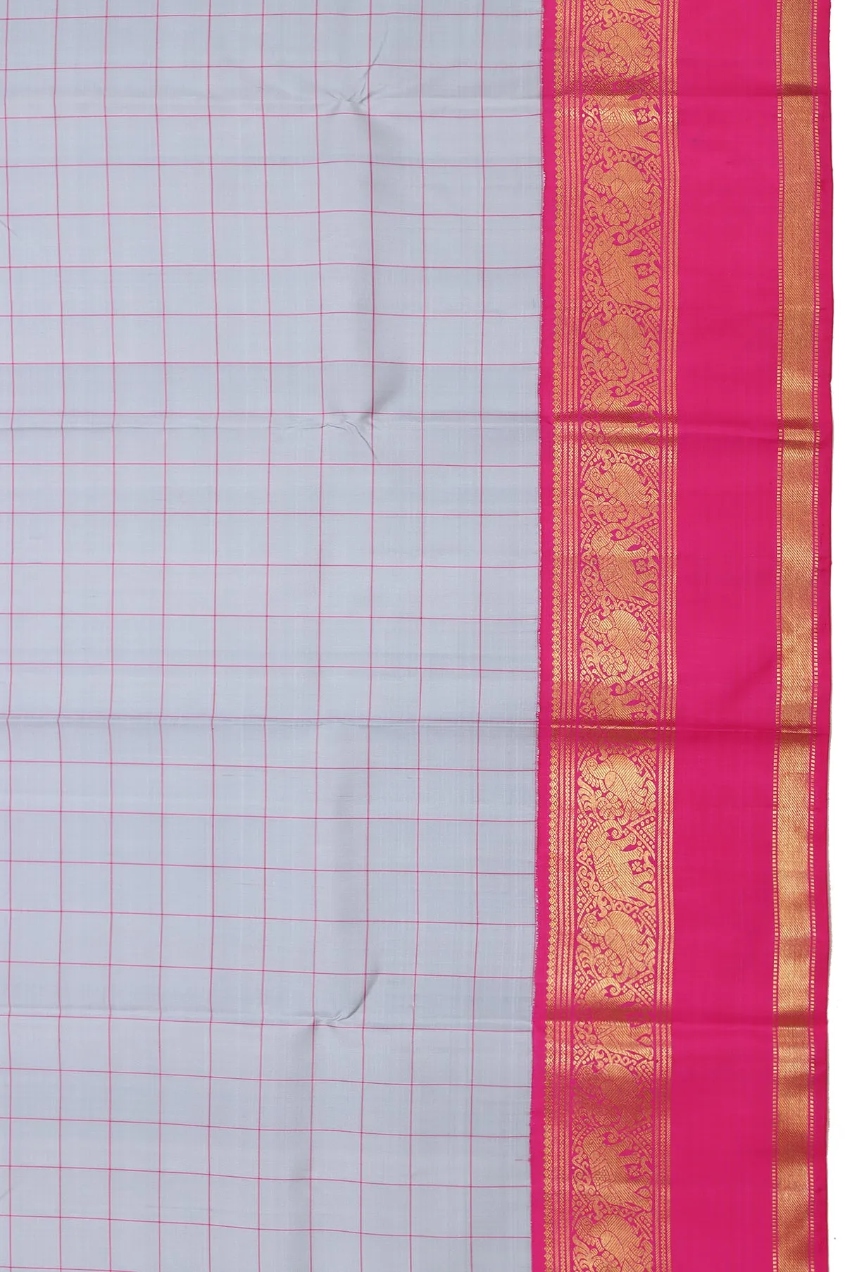 Grey Kanchipuram Silk Saree with Pink Zari Gap Border