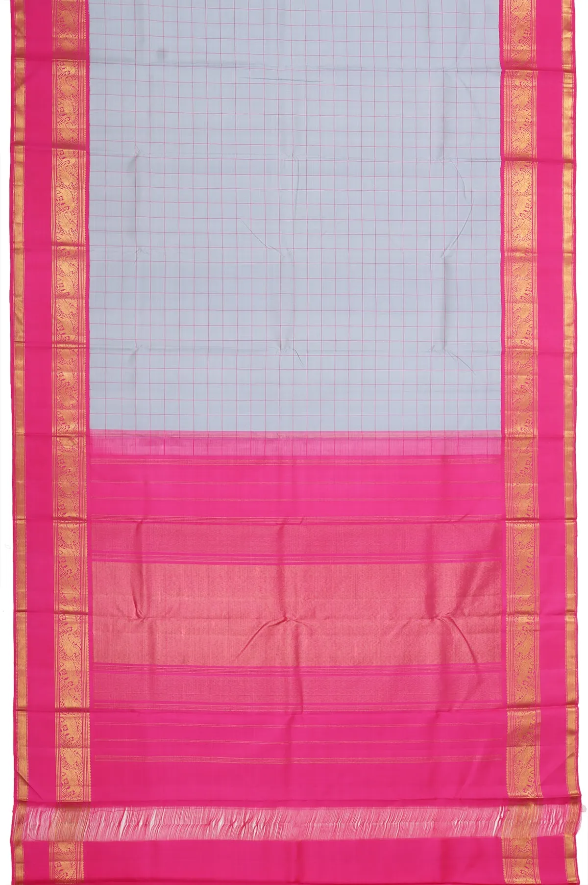 Grey Kanchipuram Silk Saree with Pink Zari Gap Border