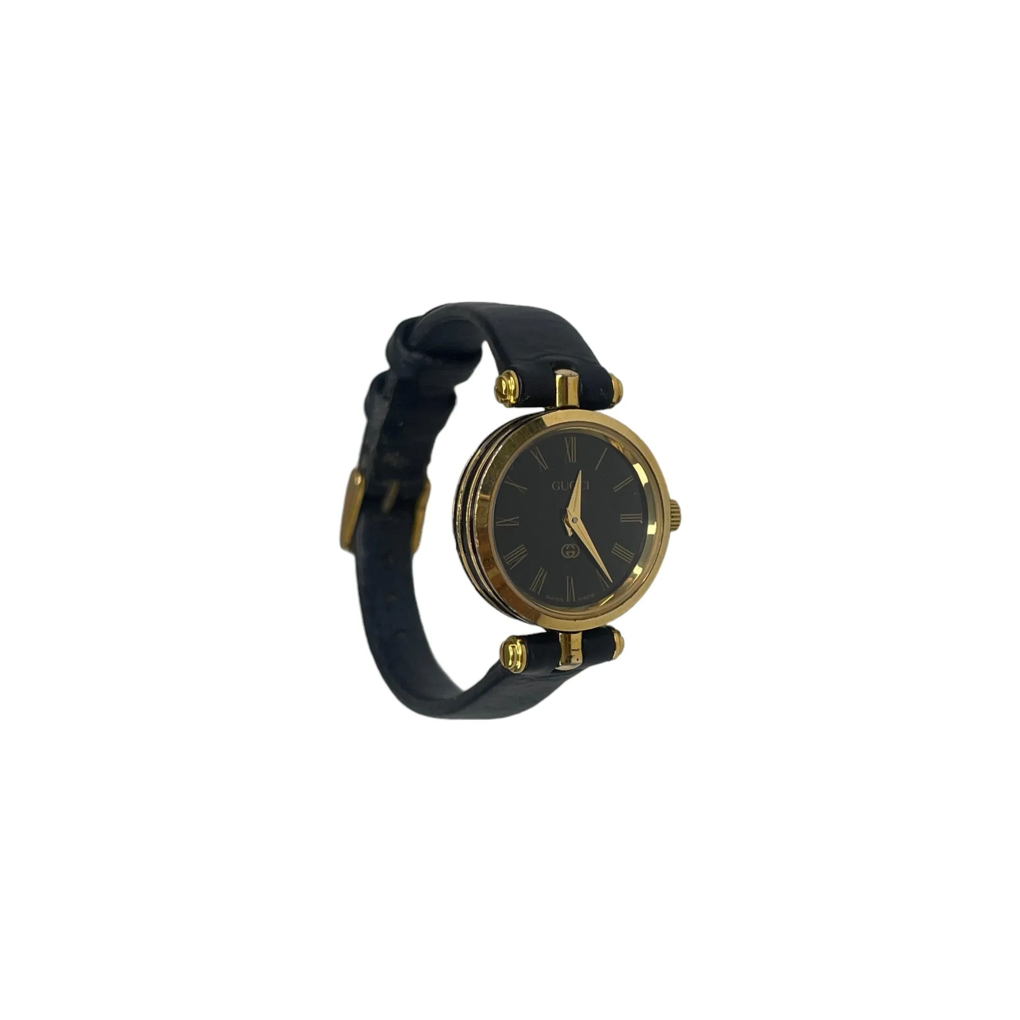 GUCCI 2000M CLASSIC BLACK/GOLD LEATHER WATCH
