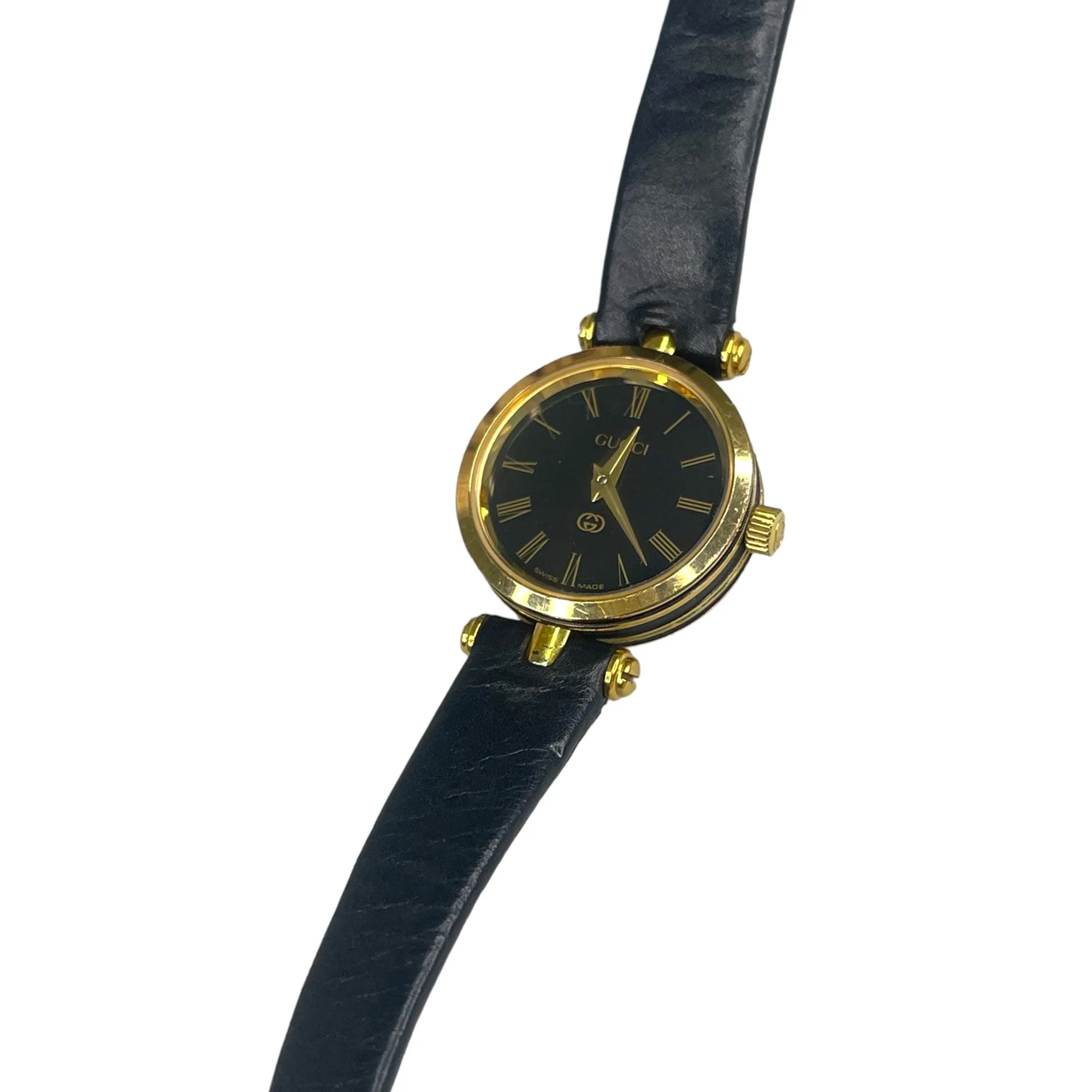 GUCCI 2000M CLASSIC BLACK/GOLD LEATHER WATCH