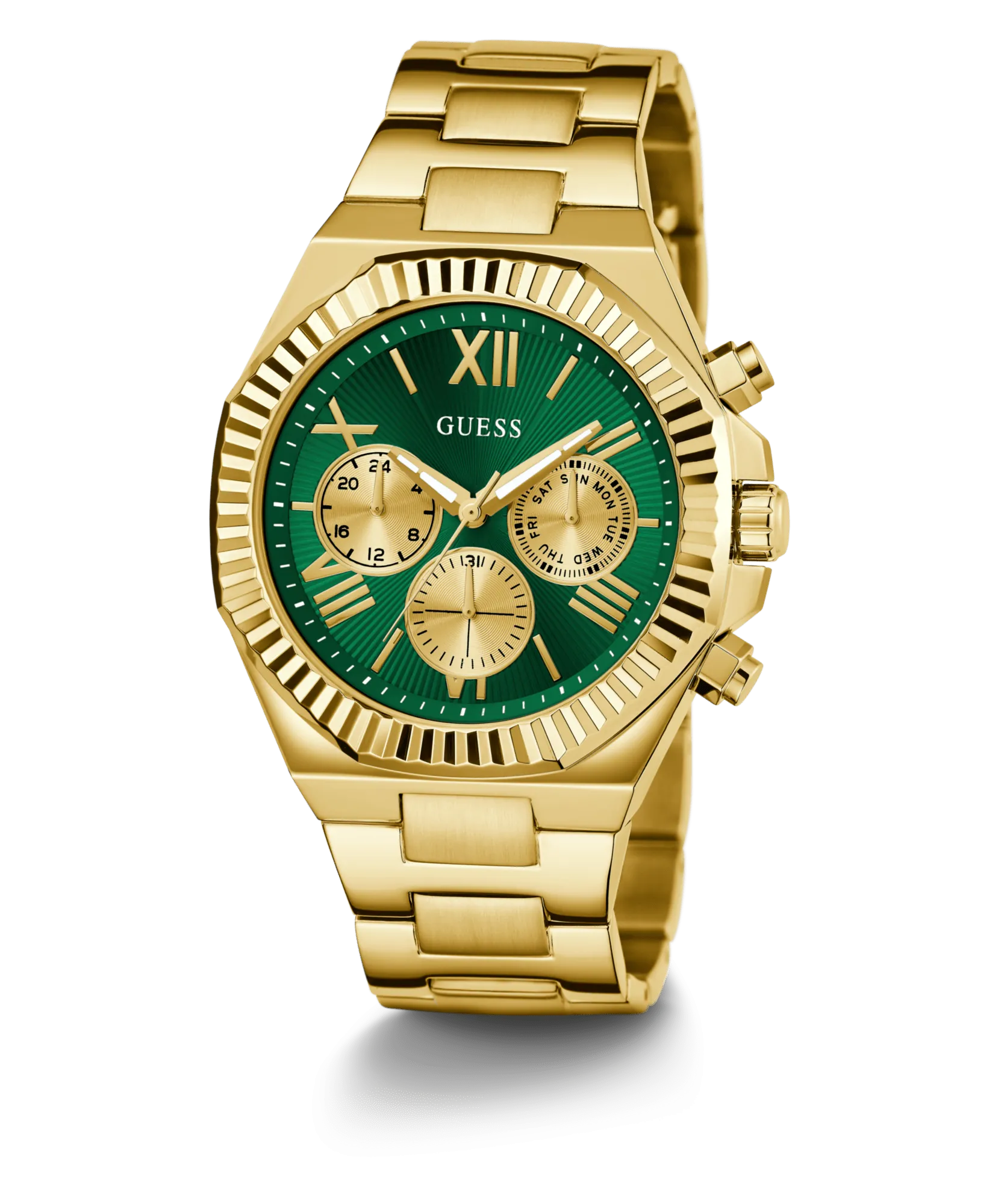 Guess Equity Brushed Gold Tone Case With Polished Gold Tone Bezel With Sunray Green Multifunction Dial And Brushed And Polished Gold Tone Bracelet GW0703G2