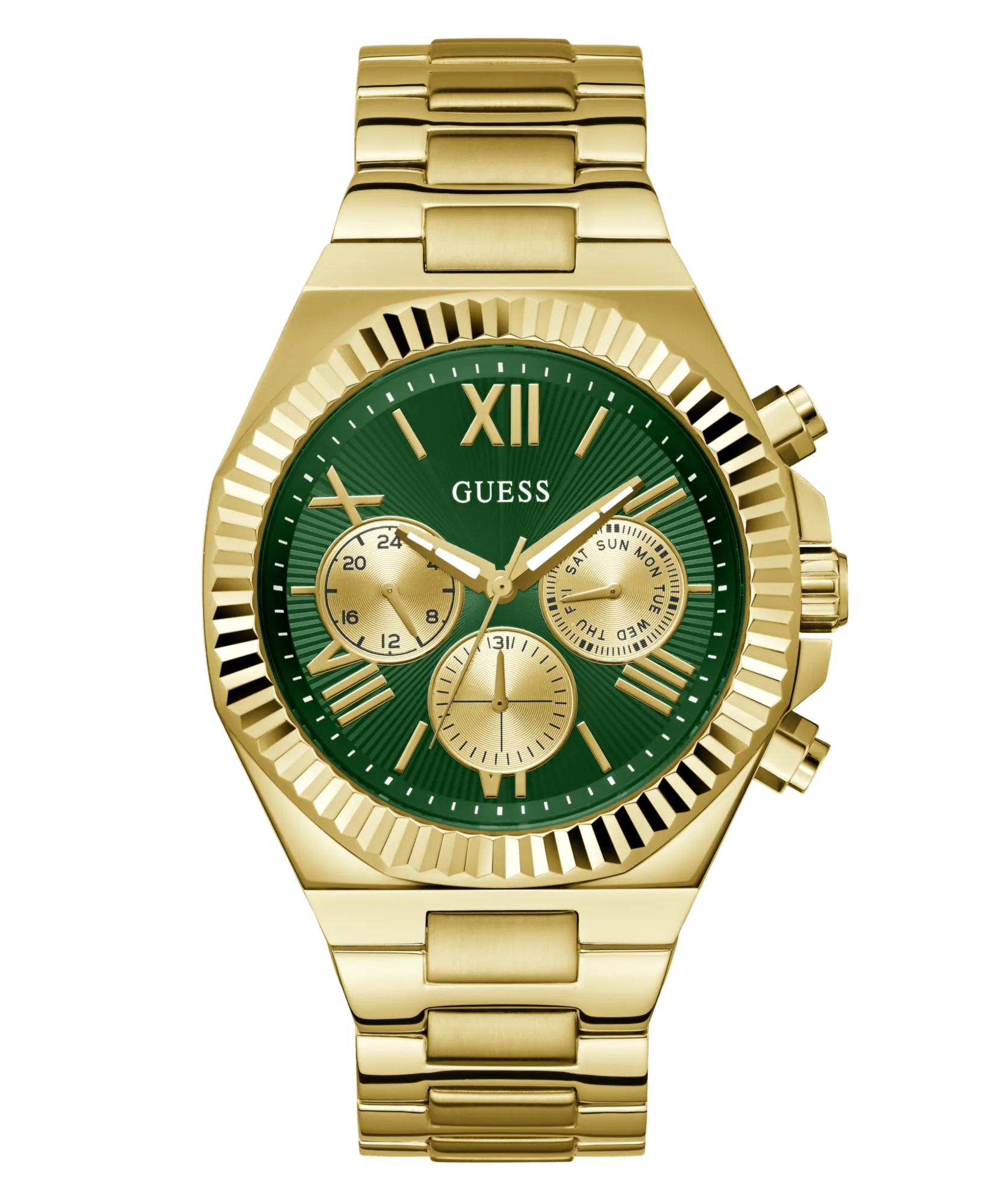 Guess Equity Brushed Gold Tone Case With Polished Gold Tone Bezel With Sunray Green Multifunction Dial And Brushed And Polished Gold Tone Bracelet GW0703G2