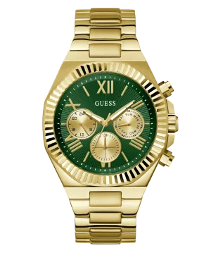 Guess Equity Brushed Gold Tone Case With Polished Gold Tone Bezel With Sunray Green Multifunction Dial And Brushed And Polished Gold Tone Bracelet GW0703G2