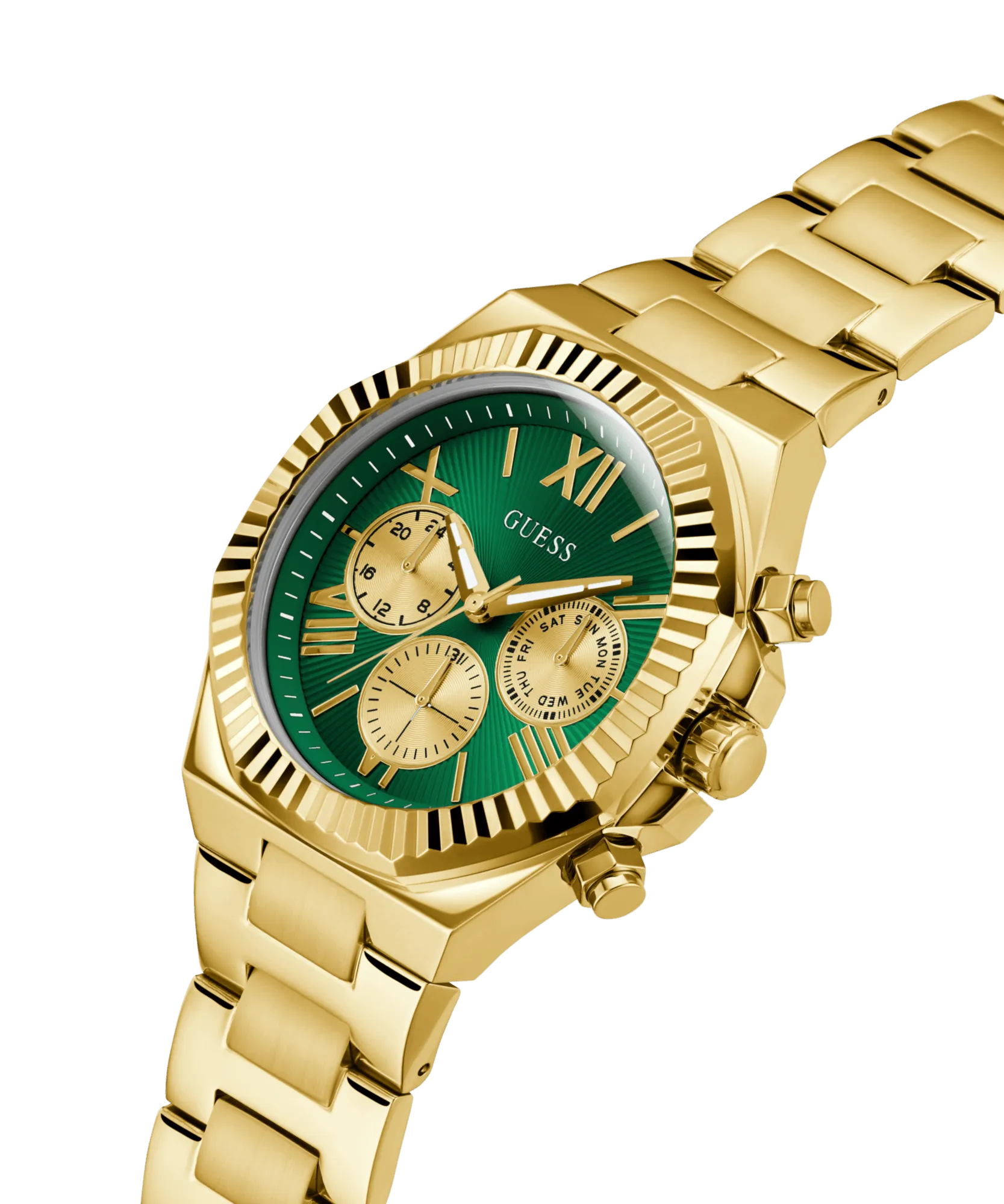Guess Equity Brushed Gold Tone Case With Polished Gold Tone Bezel With Sunray Green Multifunction Dial And Brushed And Polished Gold Tone Bracelet GW0703G2