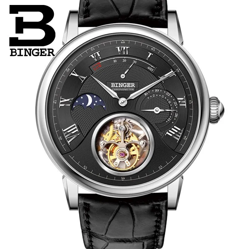 High Quality Seagull Tourbillon Mechanical Watch Crocodile Leather Strap Sapphire Men Skeleton Automatic Watch BINGER Blue dial