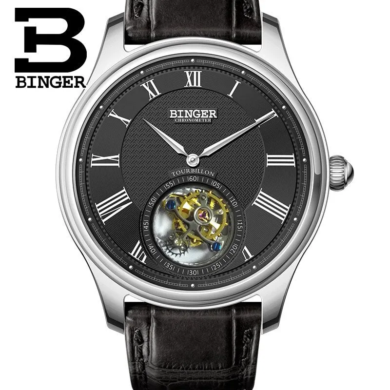 High Quality Seagull Tourbillon Mechanical Watch Crocodile Leather Strap Sapphire Men Skeleton Automatic Watch BINGER Blue dial