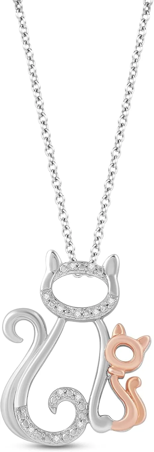 Jewelili 10K Rose Gold and Sterling Silver Natural White Round Diamonds Cat Pendant Necklace, 18" Cable Chain