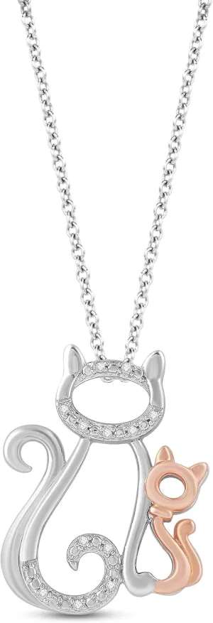 Jewelili 10K Rose Gold and Sterling Silver Natural White Round Diamonds Cat Pendant Necklace, 18" Cable Chain