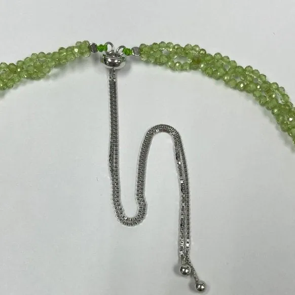 Ladies Round Beads Natural Peridot 3 line Stone Sterling Silver Necklace