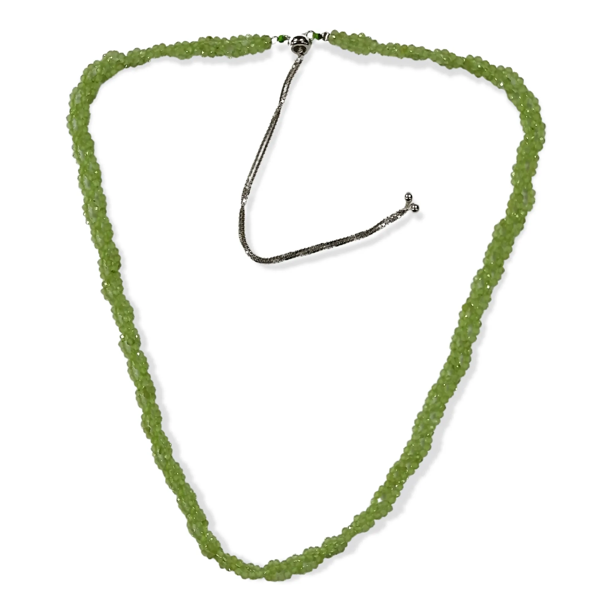 Ladies Round Beads Natural Peridot 3 line Stone Sterling Silver Necklace