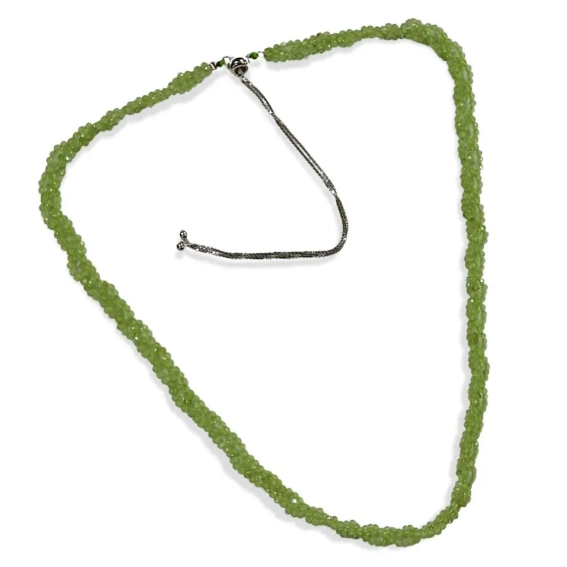 Ladies Round Beads Natural Peridot 3 line Stone Sterling Silver Necklace
