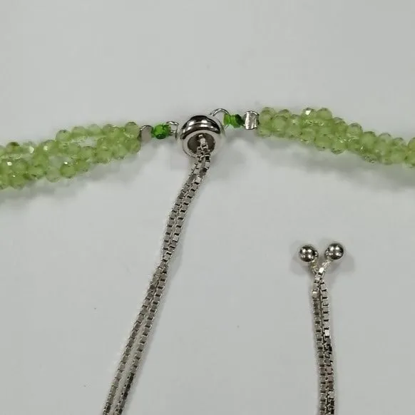 Ladies Round Beads Natural Peridot 3 line Stone Sterling Silver Necklace