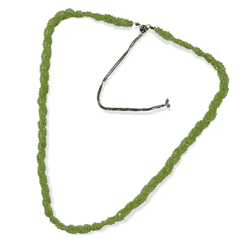 Ladies Round Beads Natural Peridot 3 line Stone Sterling Silver Necklace