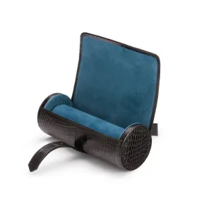 Large Leather Watch Roll - Black Croc With Cobalt
