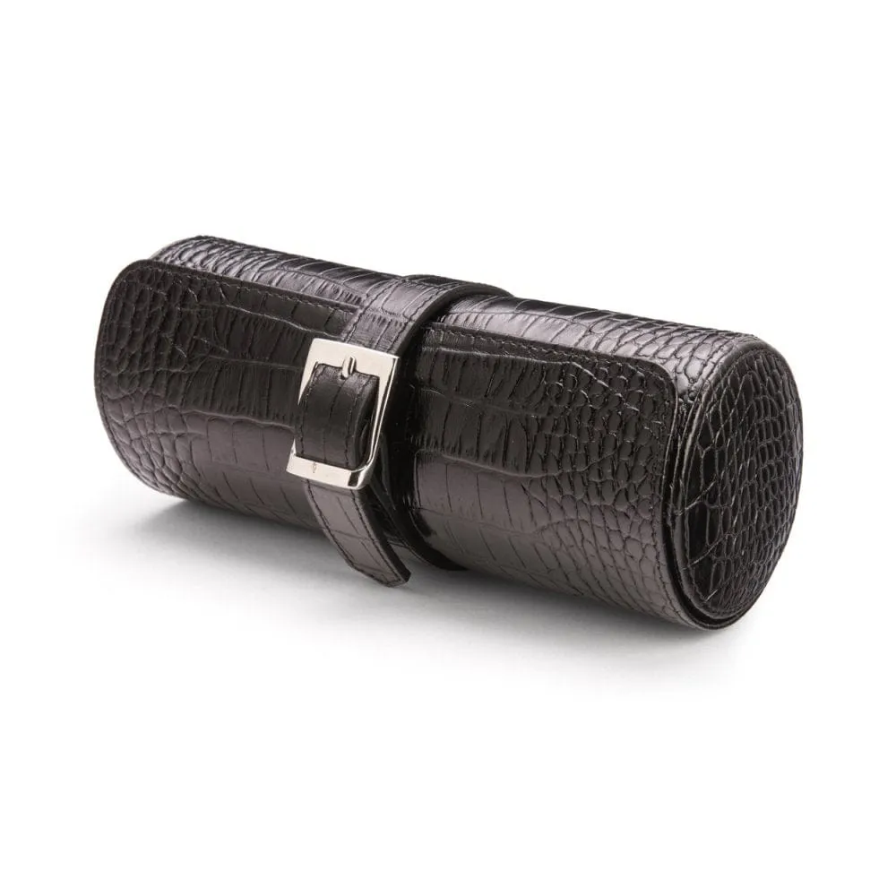Large Leather Watch Roll - Black Croc With Cobalt