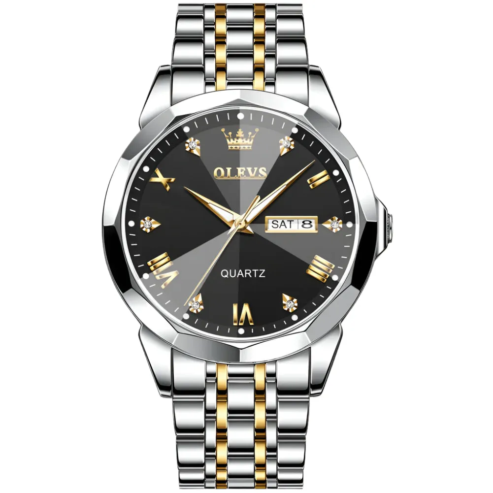 Luxury Diamond Accent Watch - Two Tone Stainless Steel With Day And Date Display