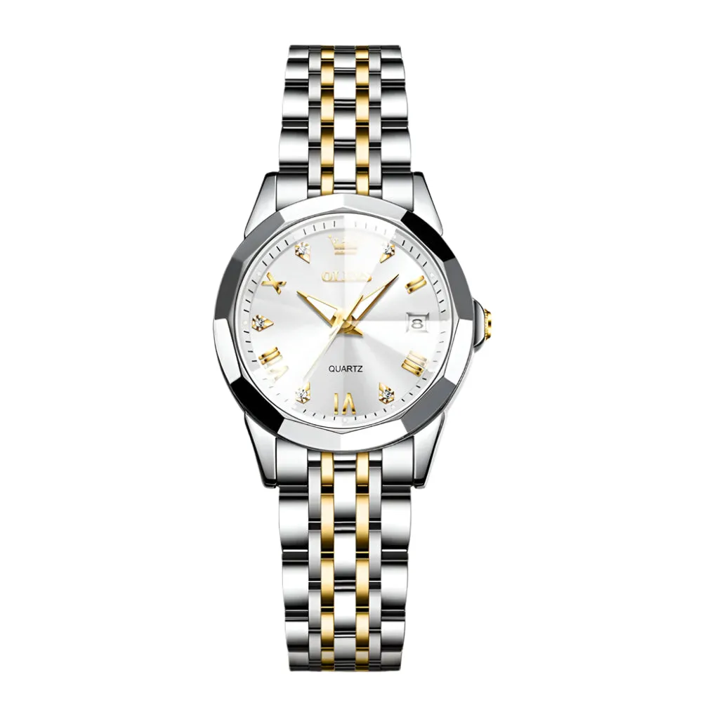 Luxury Diamond Accent Watch - Two Tone Stainless Steel With Day And Date Display