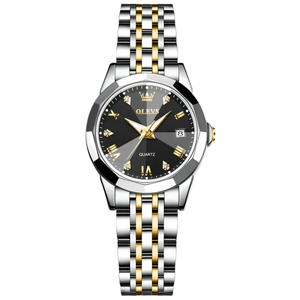 Luxury Diamond Accent Watch - Two Tone Stainless Steel With Day And Date Display