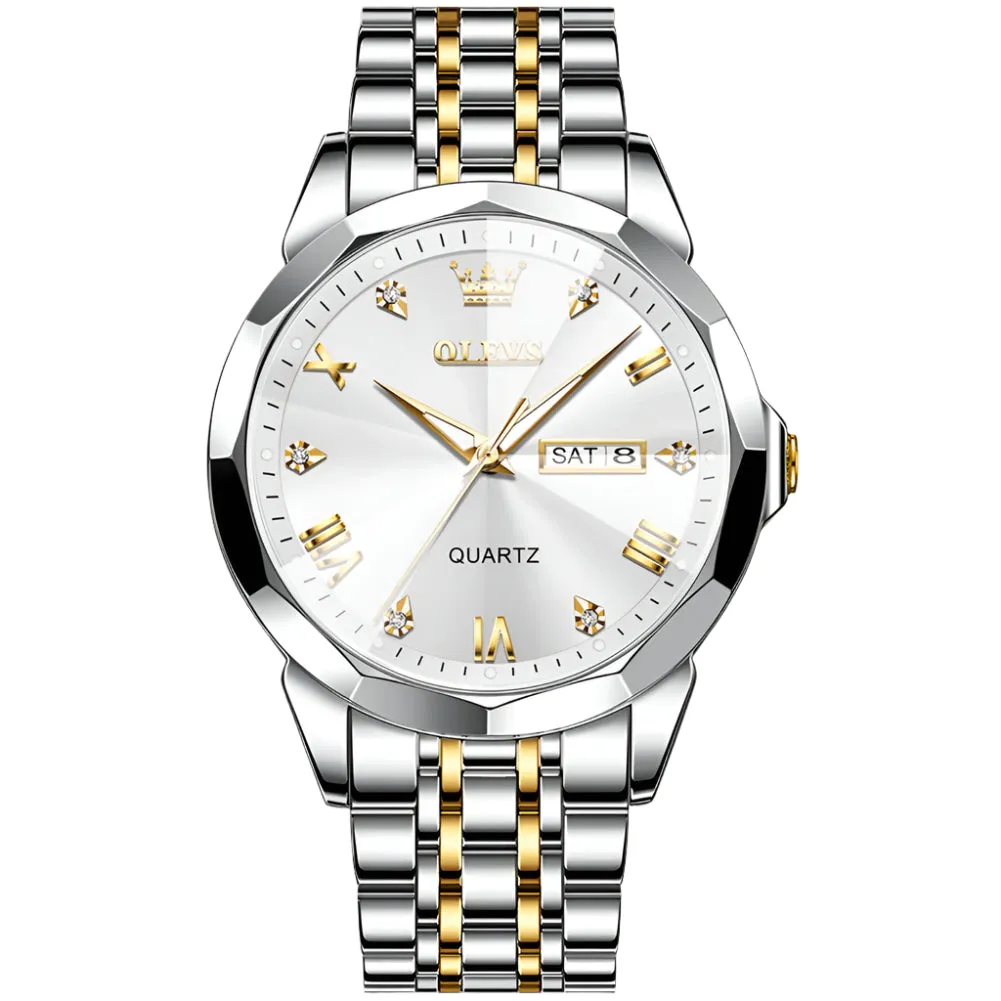 Luxury Diamond Accent Watch - Two Tone Stainless Steel With Day And Date Display