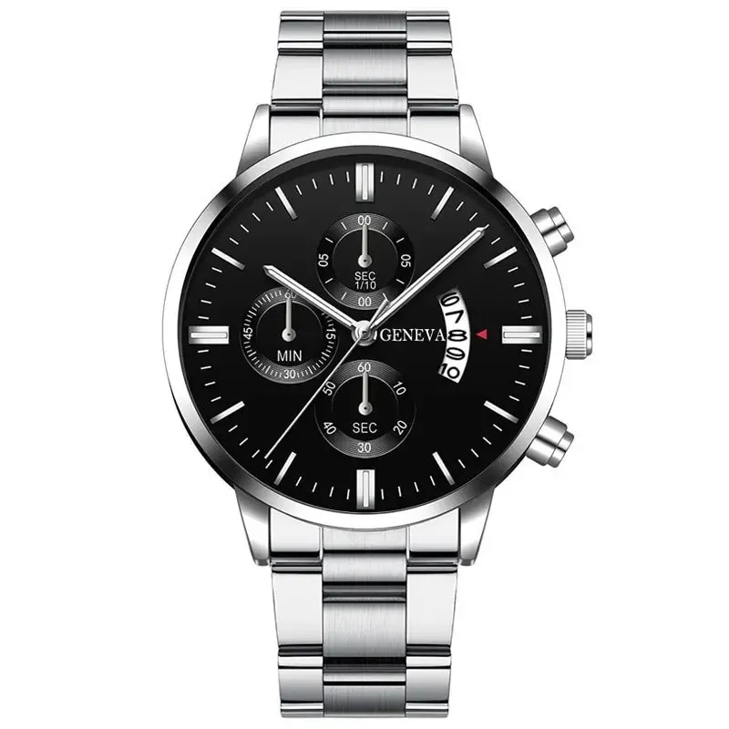 Luxury Silver Stainless Steel Quartz Wrist Watch Men Calendar
