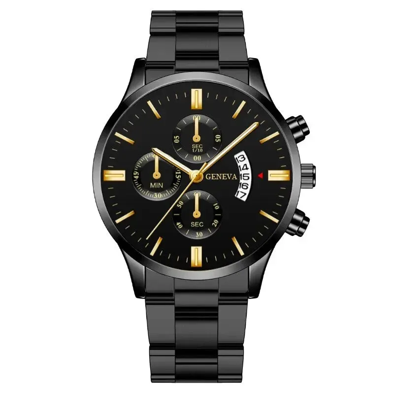 Luxury Silver Stainless Steel Quartz Wrist Watch Men Calendar