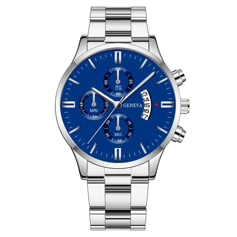 Luxury Silver Stainless Steel Quartz Wrist Watch Men Calendar