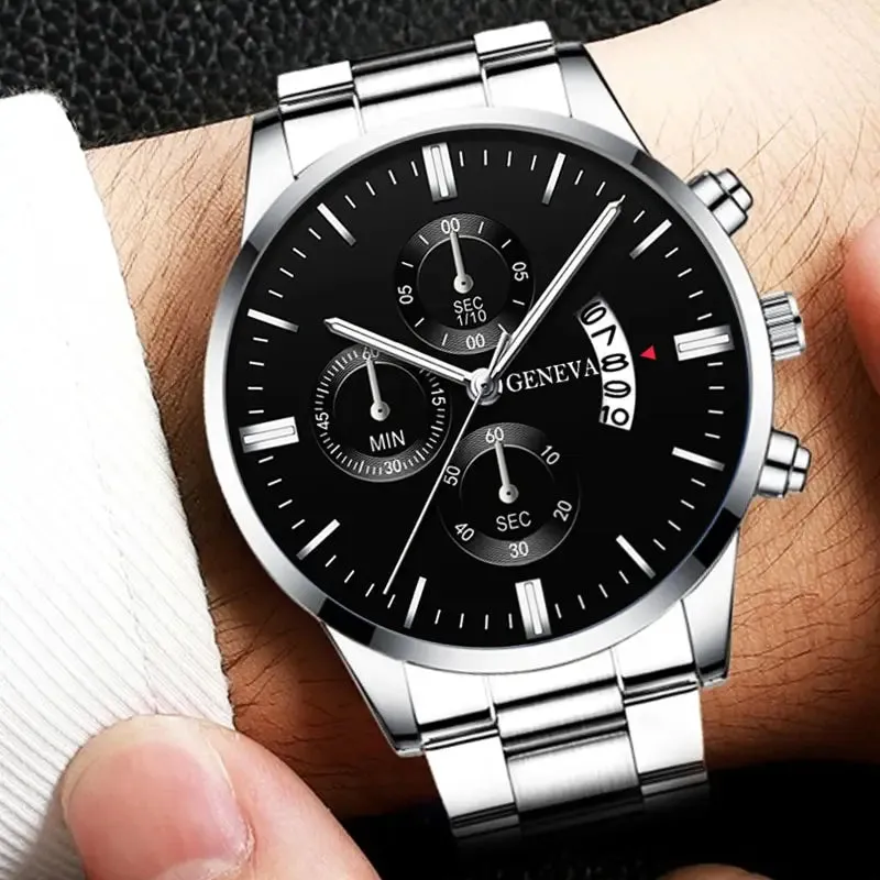 Luxury Silver Stainless Steel Quartz Wrist Watch Men Calendar