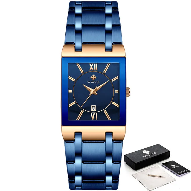Luxury Square Blue Men's Wristwatch Stainless Steel Waterproof Quartz Clock