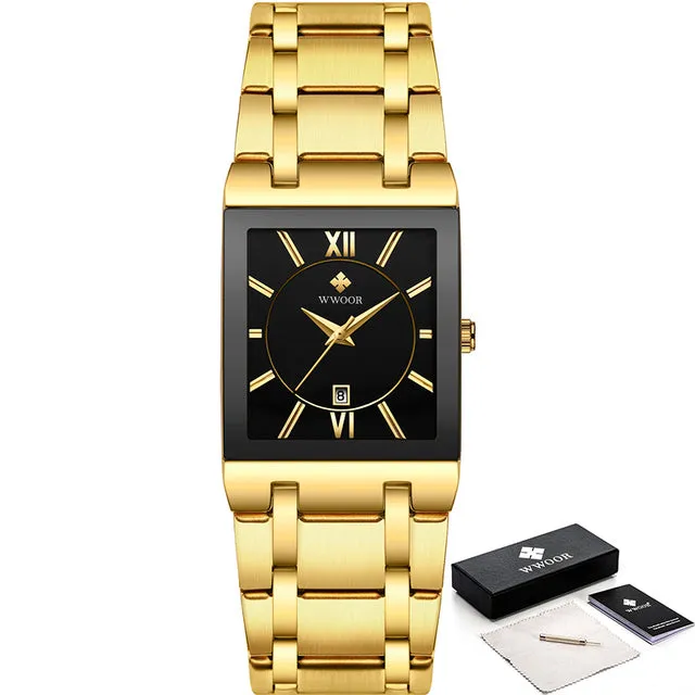 Luxury Square Blue Men's Wristwatch Stainless Steel Waterproof Quartz Clock