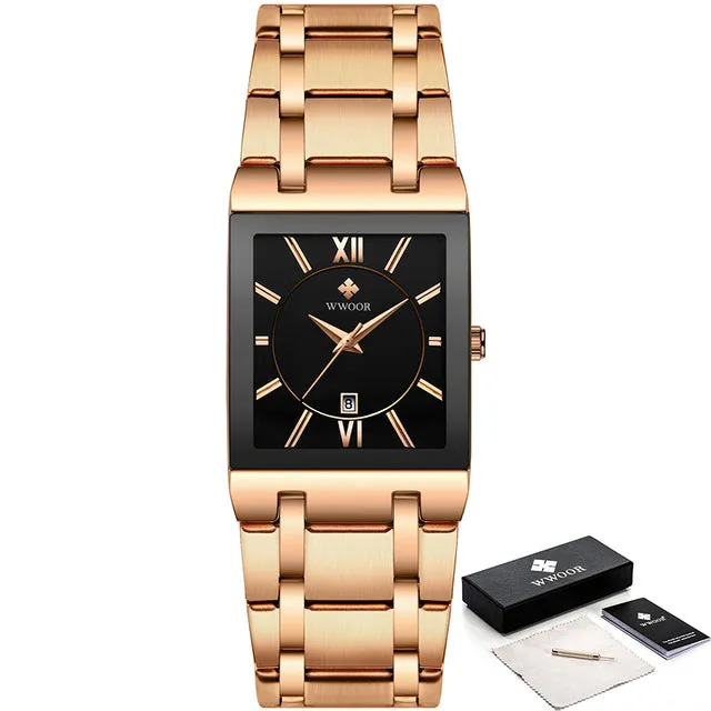 Luxury Square Blue Men's Wristwatch Stainless Steel Waterproof Quartz Clock
