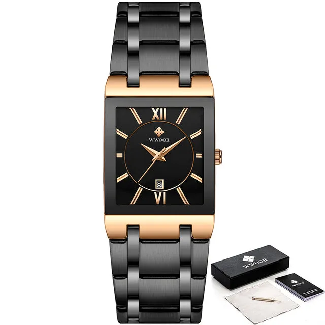 Luxury Square Blue Men's Wristwatch Stainless Steel Waterproof Quartz Clock