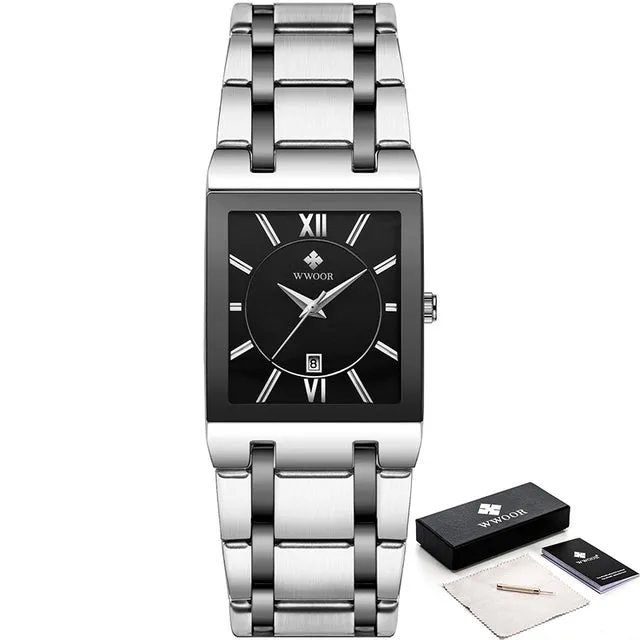 Luxury Square Blue Men's Wristwatch Stainless Steel Waterproof Quartz Clock