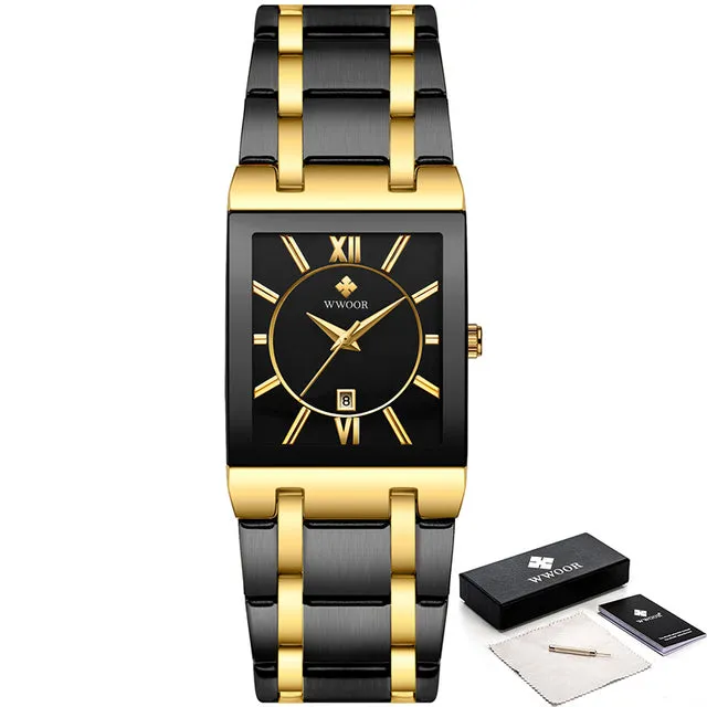 Luxury Square Blue Men's Wristwatch Stainless Steel Waterproof Quartz Clock