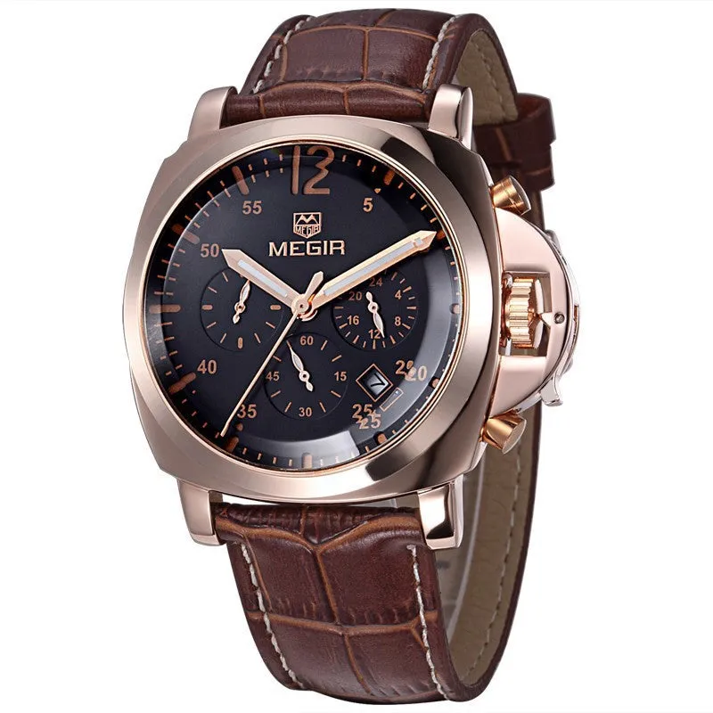 MEGIR Genuine Leather Luxury Men Watches Chronograph 6 Hands 24 Hours Function Men Top Brand Military Watch