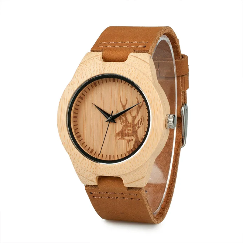 Men Elk Deer Head Bamboo Engraving Watches