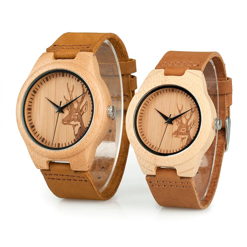 Men Elk Deer Head Bamboo Engraving Watches