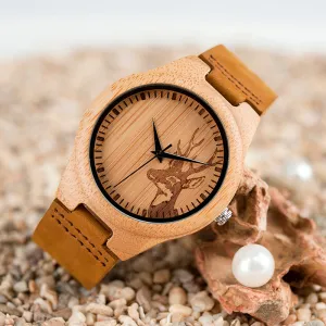Men Elk Deer Head Bamboo Engraving Watches