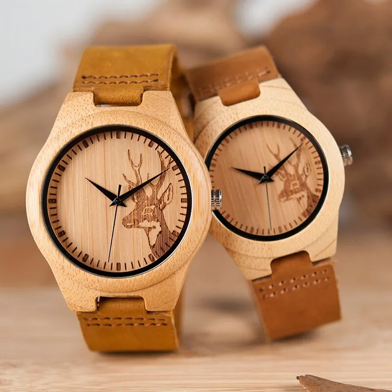 Men Elk Deer Head Bamboo Engraving Watches