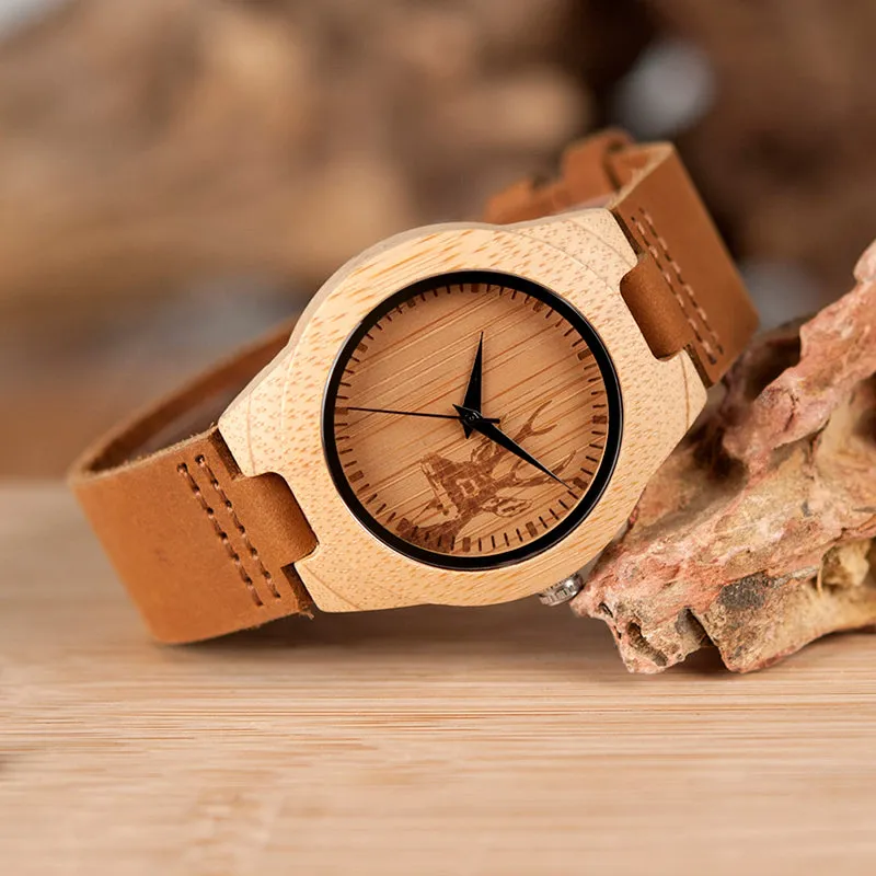 Men Elk Deer Head Bamboo Engraving Watches