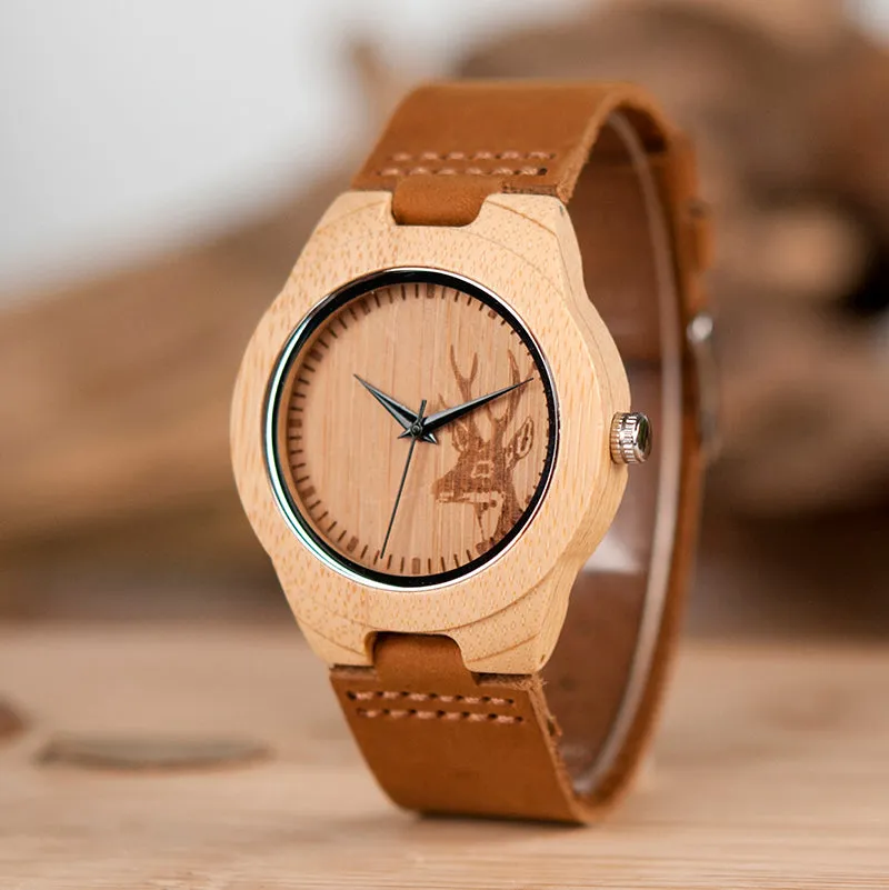 Men Elk Deer Head Bamboo Engraving Watches