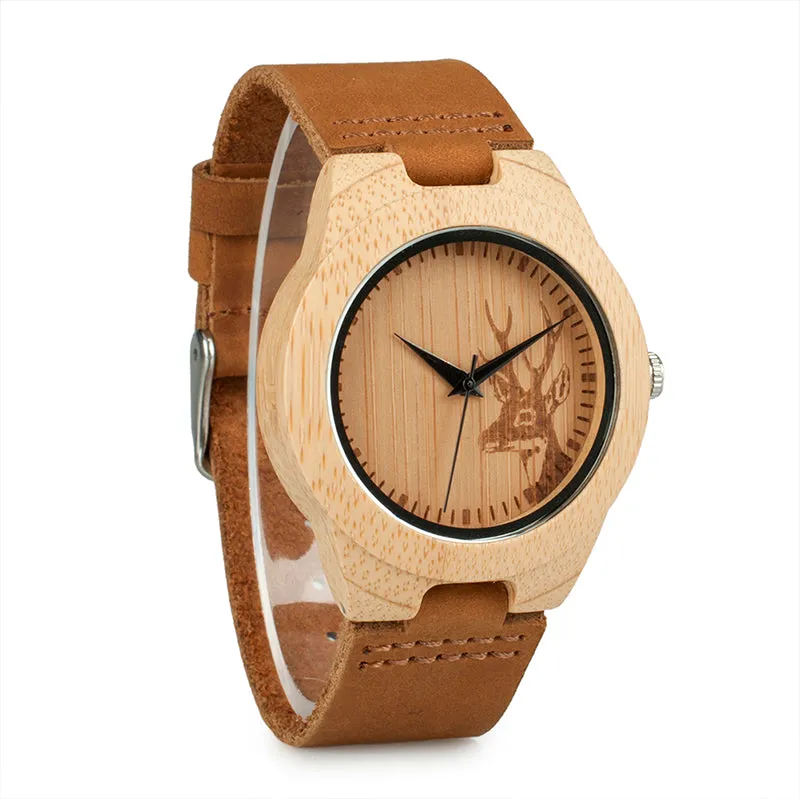 Men Elk Deer Head Bamboo Engraving Watches