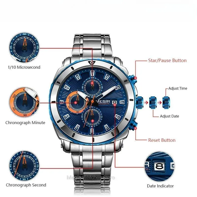 Men's Blue Dial Chronograph Quartz Watches Fashion Stainless Steel Analogue Wristwatches for Man