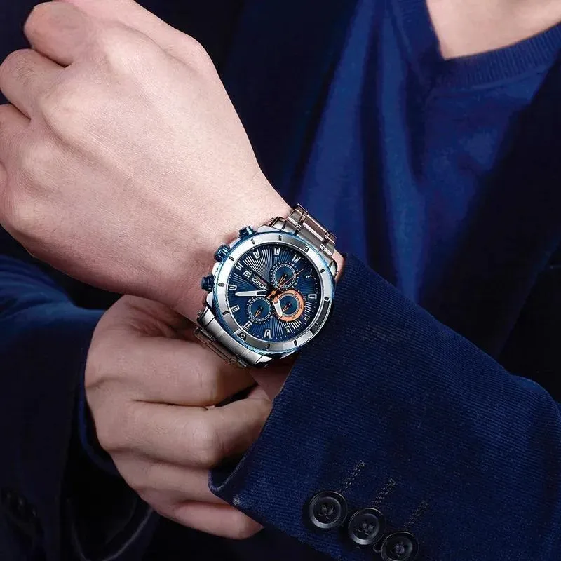 Men's Blue Dial Chronograph Quartz Watches Fashion Stainless Steel Analogue Wristwatches for Man