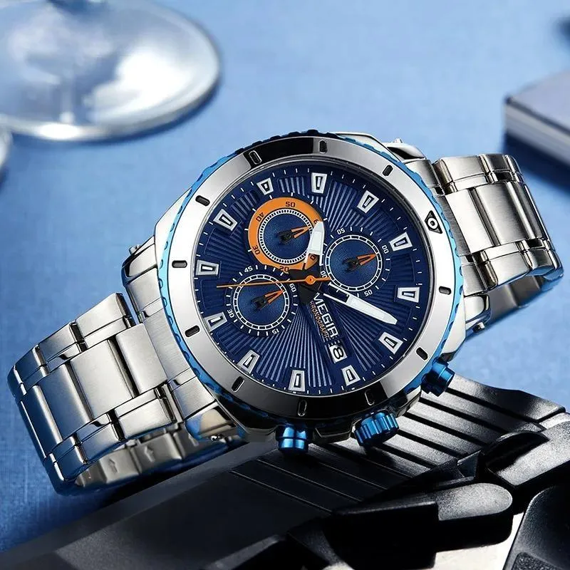 Men's Blue Dial Chronograph Quartz Watches Fashion Stainless Steel Analogue Wristwatches for Man
