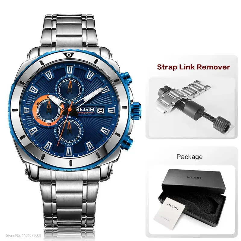 Men's Blue Dial Chronograph Quartz Watches Fashion Stainless Steel Analogue Wristwatches for Man