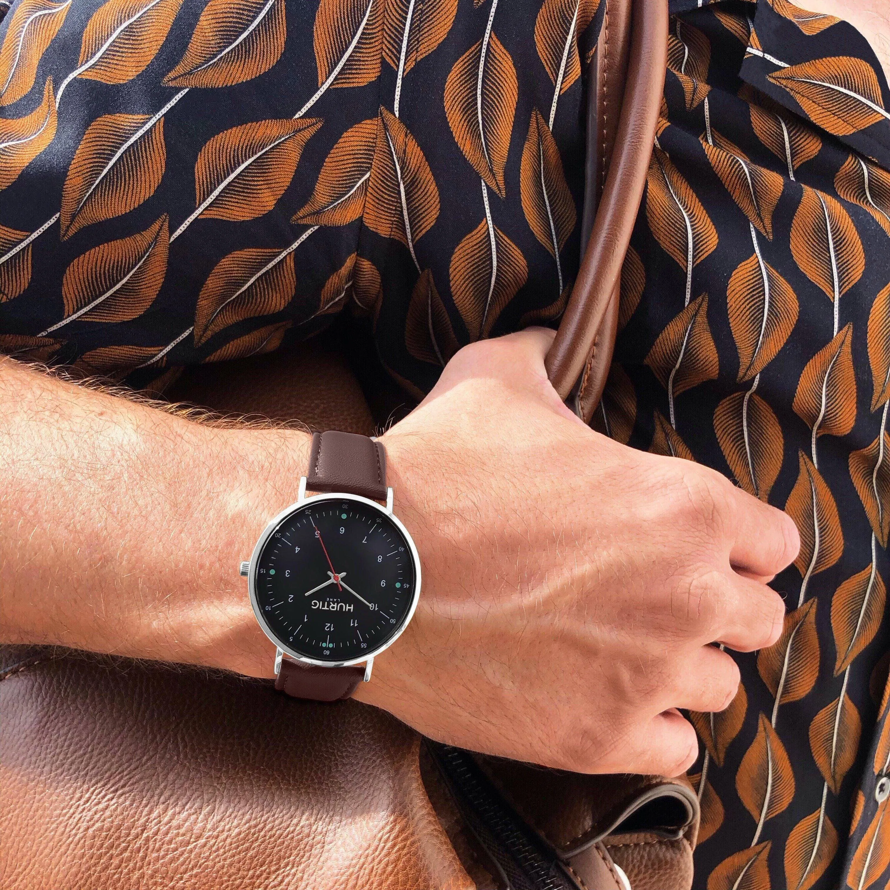 Moderno Vegan Leather Watch Silver, Black & Chestnut